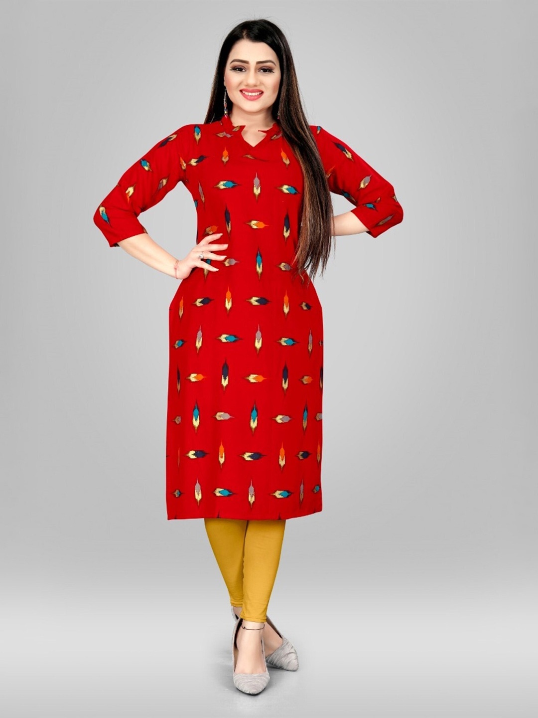 

APNISHA Abstract Foil Printed Kurta, Red