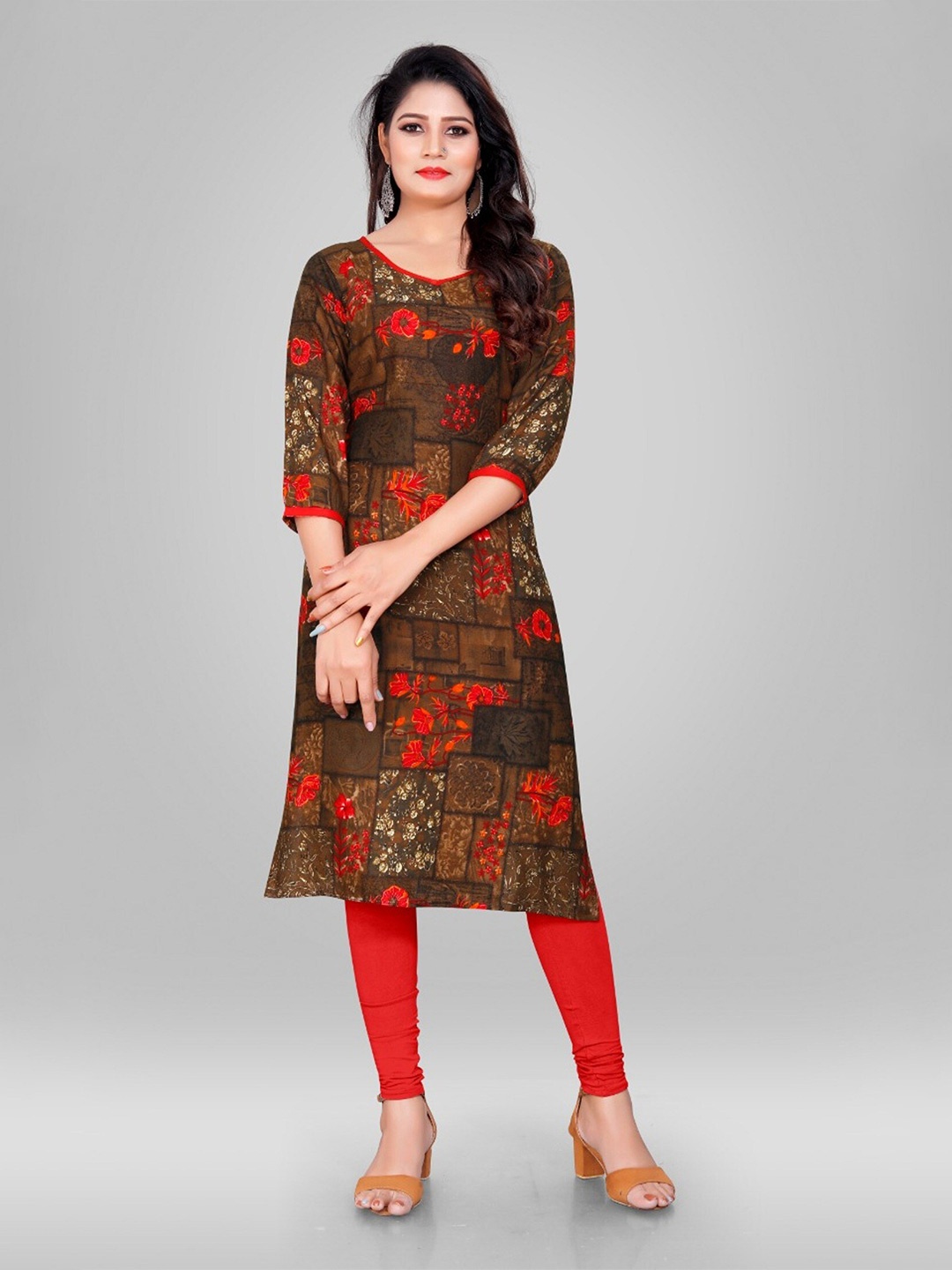 

APNISHA Floral Printed Straight Kurta, Orange