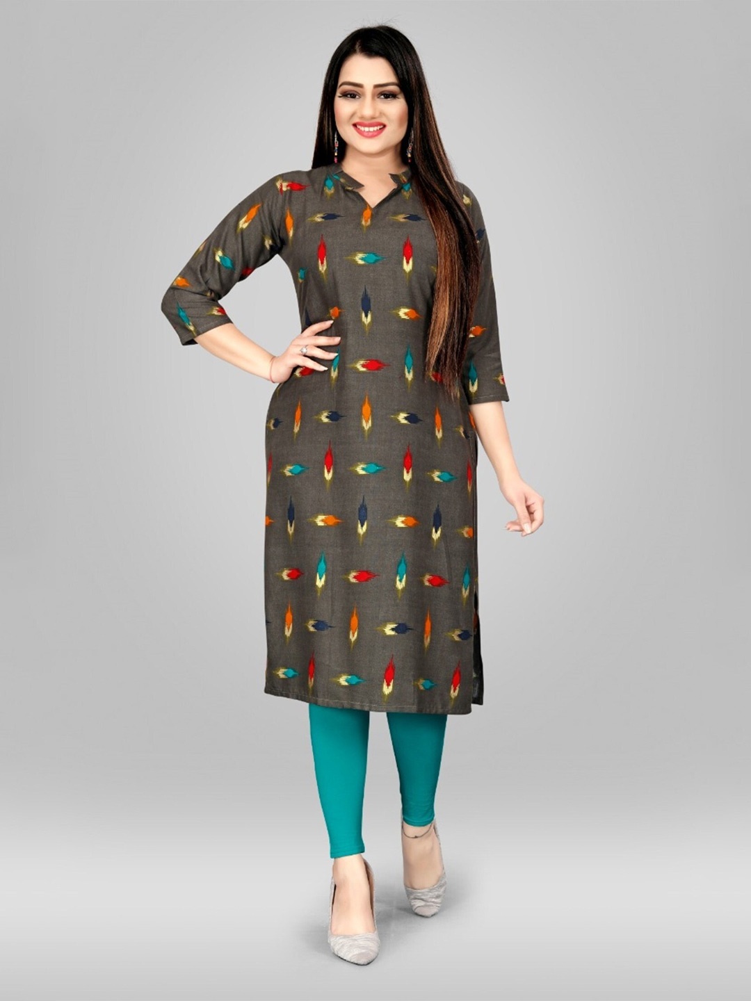 

APNISHA Mandarin Collar Abstract Printed kurta, Green