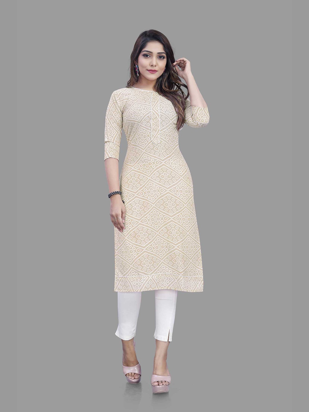 

APNISHA Bandhani Printed Straight Kurta, Beige