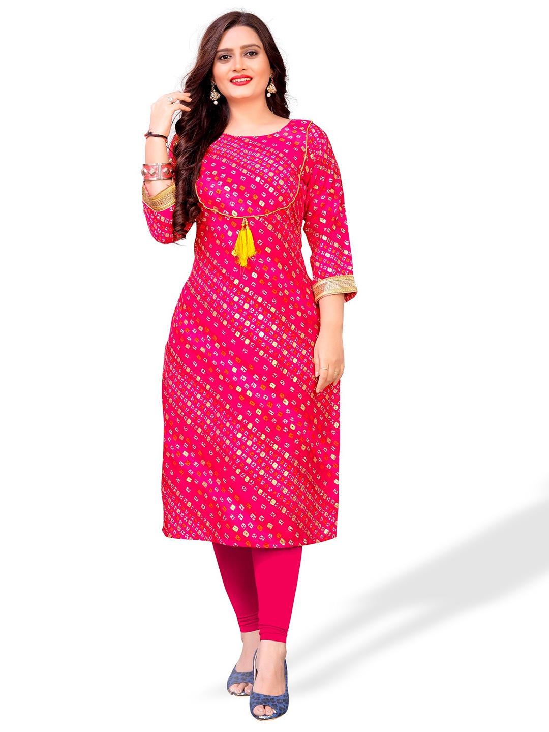 

APNISHA Bandhani Printed Straight Kurta, Pink