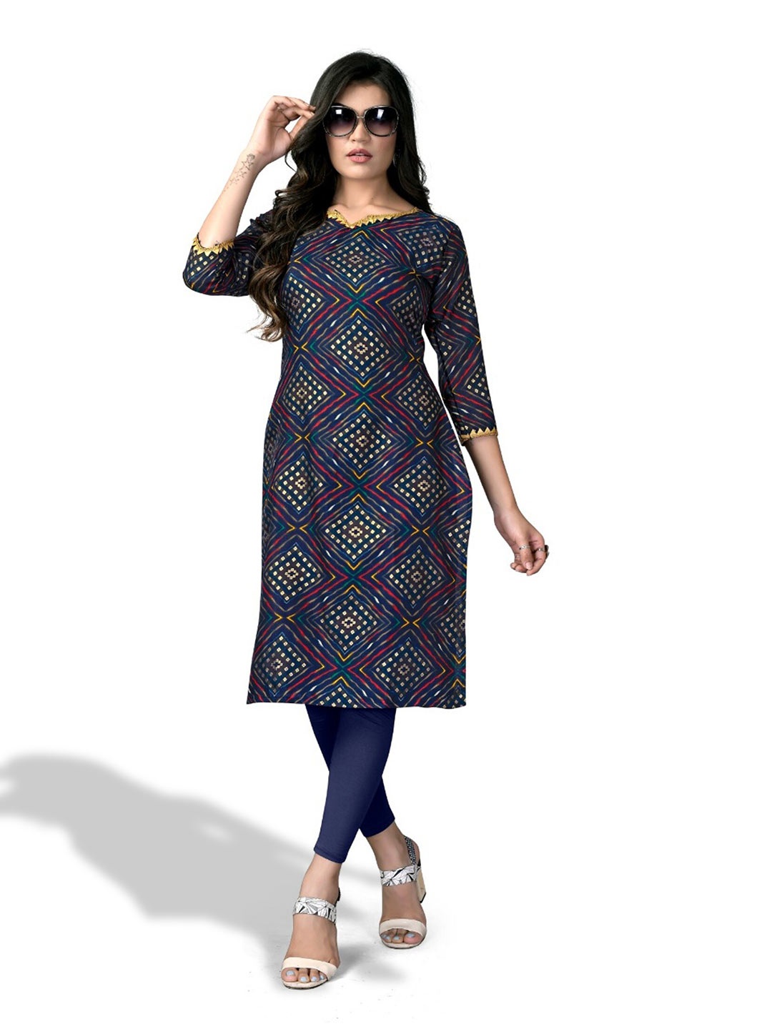 

APNISHA Bandhani Foil Printed Straight Kurta, Blue