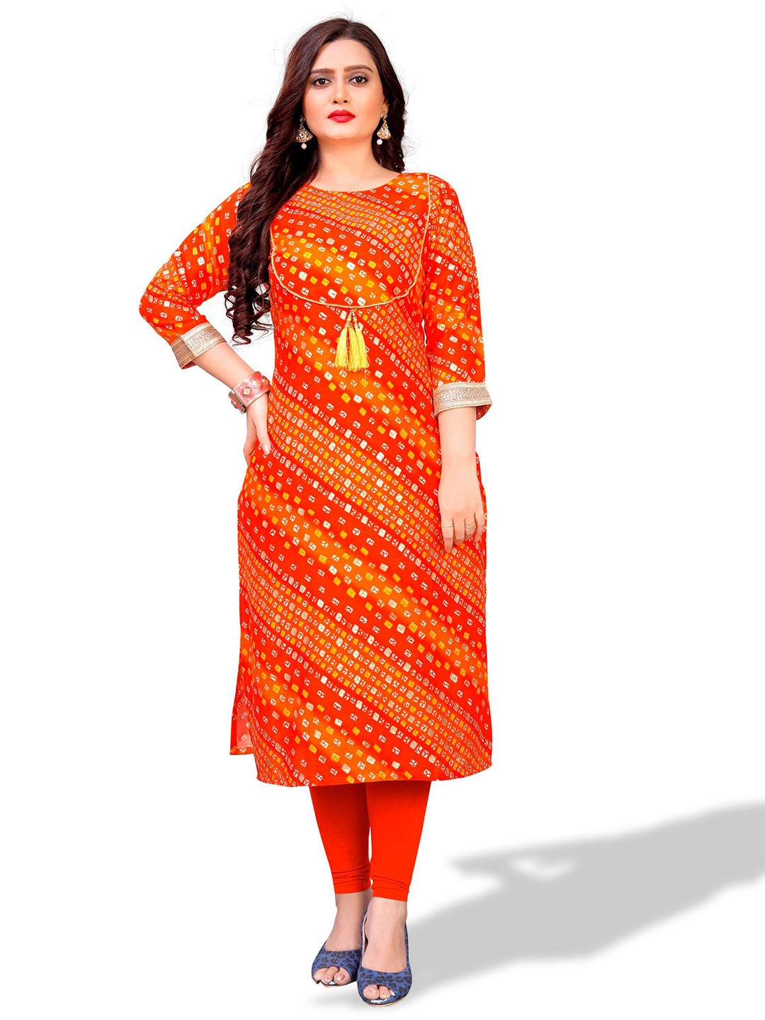 

APNISHA Bandhani Foil Printed Kurta, Orange