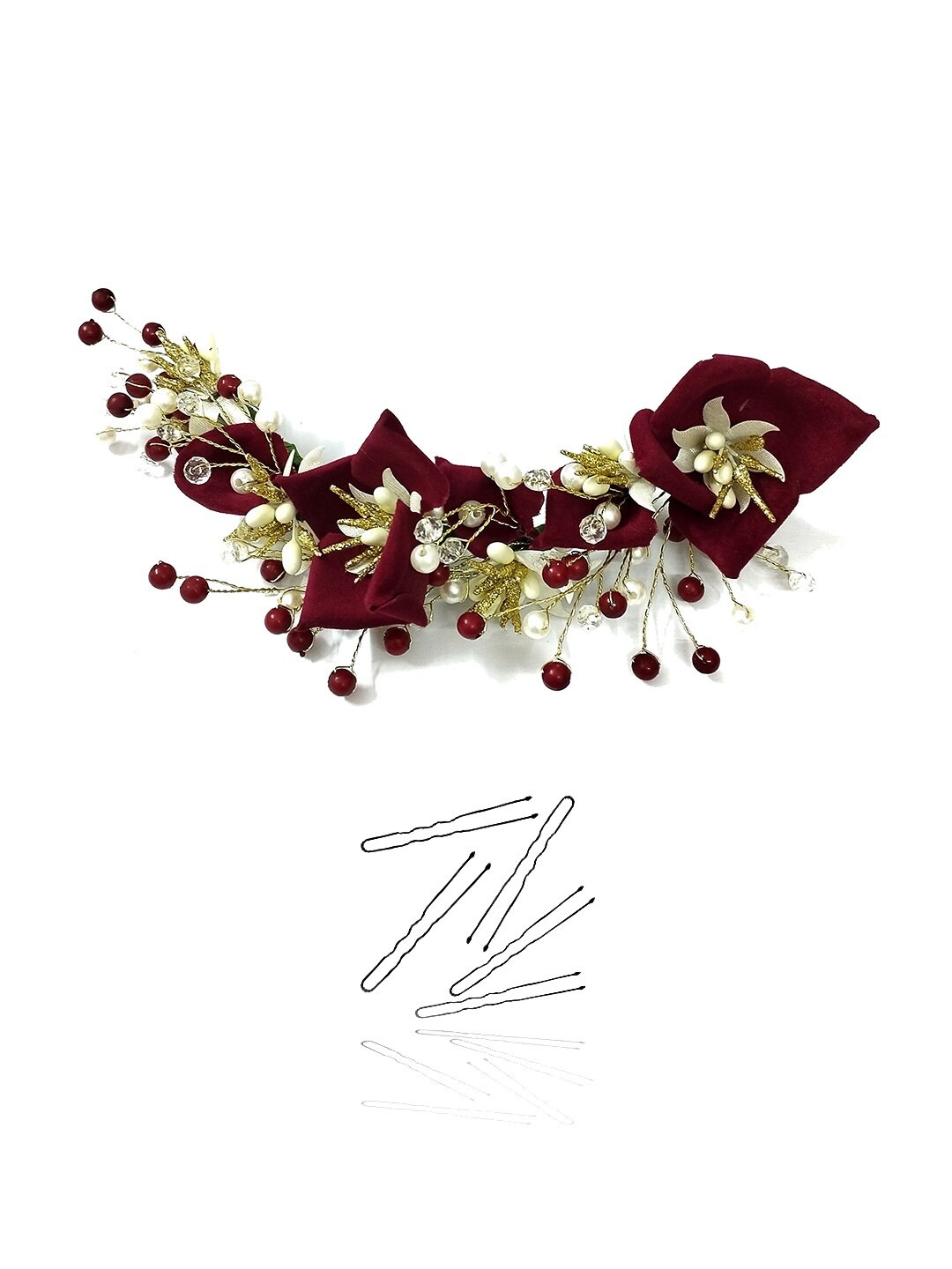 

Hair Flare Women Set Of 3 Beaded Artificial Lily Flower With Stones Hair Accessory, Maroon