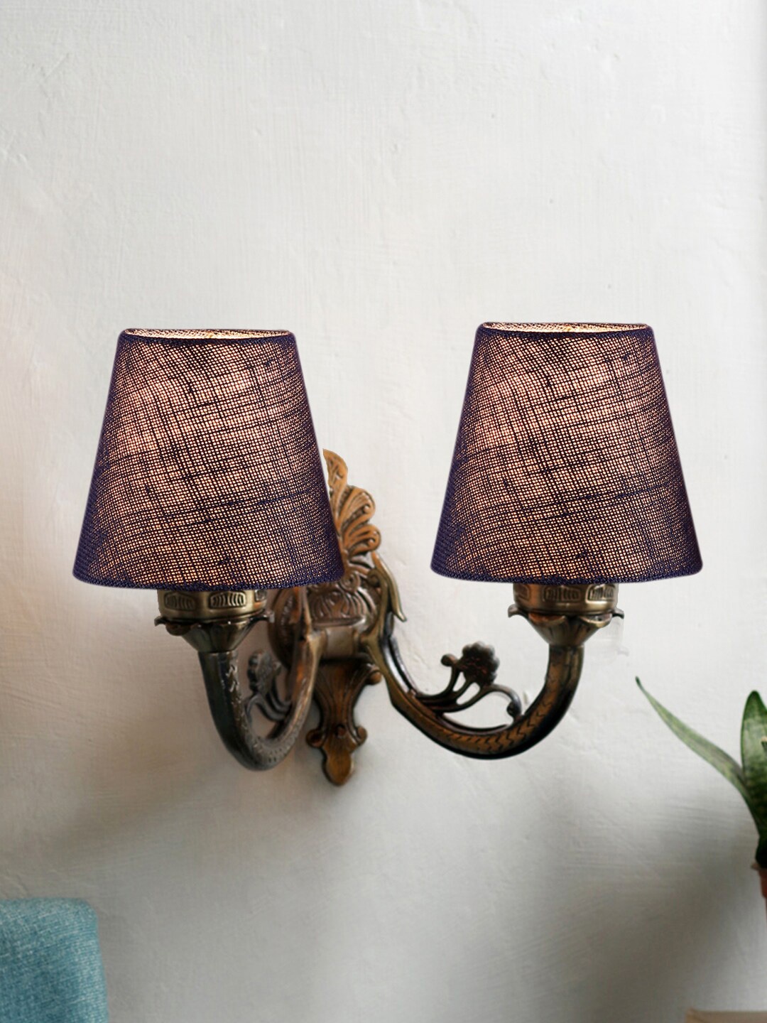 

Devansh Blue & Gold Toned Textured Antique Wall Lamp With Jute Shade