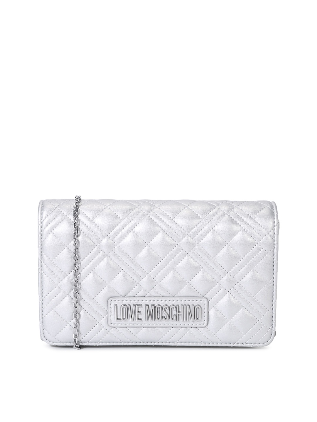 

LOVE MOSCHINO Textured PU Quilted Structured Sling Bag, Silver