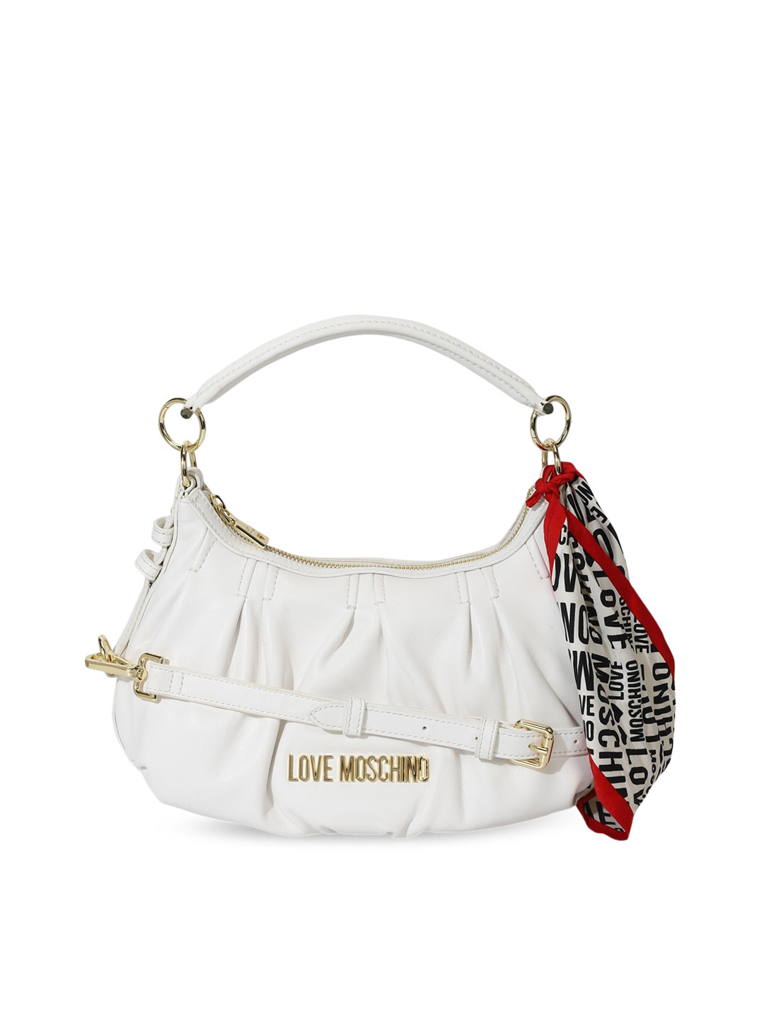 

LOVE MOSCHINO Textured Leather Half Moon Hobo Bag With Scarf, White
