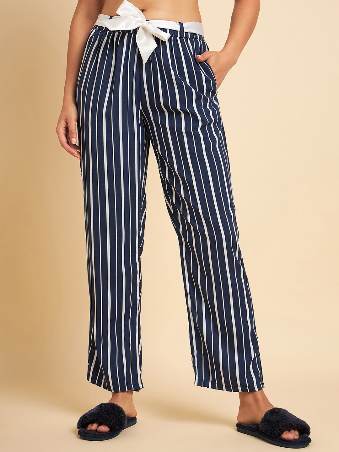 

Sweet Dreams Women Navy Blue Striped Straight Fit Lounge Pants