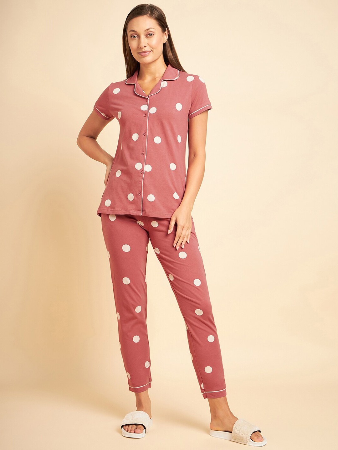 

Sweet Dreams Pink & White Polka Dots Printed Pure Cotton Night Suit, Rose