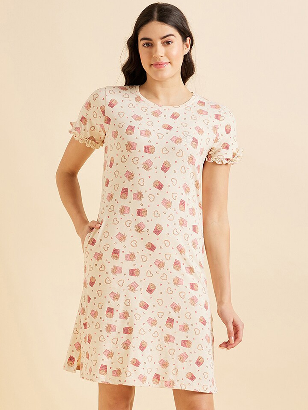 

Sweet Dreams Beige & Pink Conversational Printed Nightdress