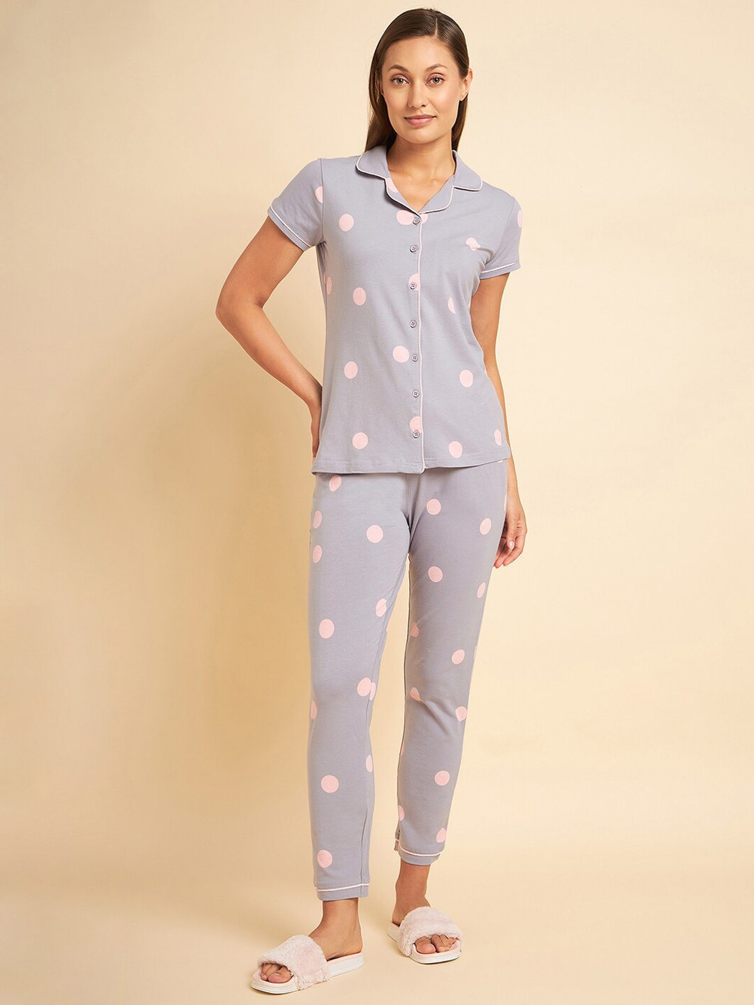 

Sweet Dreams Lavender & Pink Polka Dots Printed Pure Cotton Night Suit