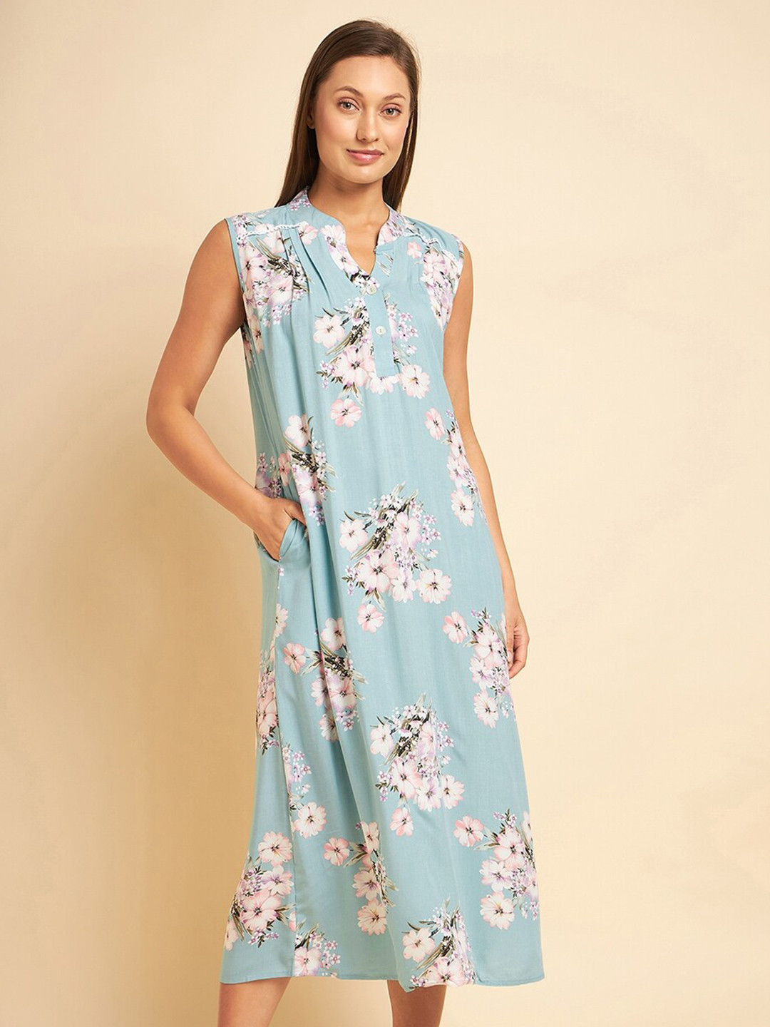 

Sweet Dreams Green & White Floral Printed Nightdress