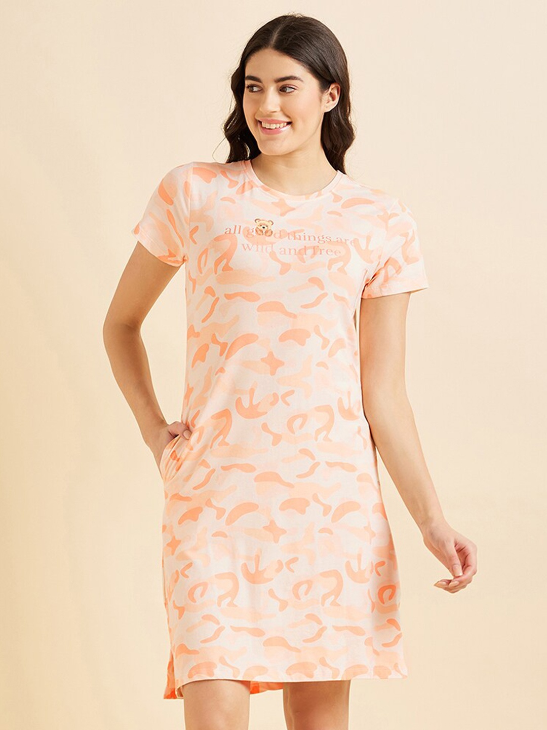 

Sweet Dreams Peach-Coloured Abstract Printed Nightdress
