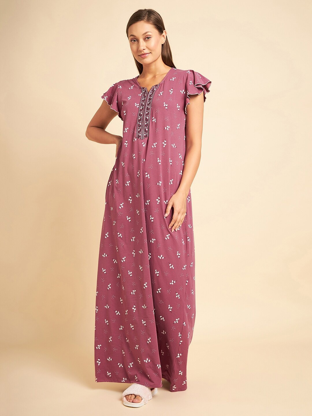 

Sweet Dreams Purple Floral Printed Pure Cotton Maxi Nightdress