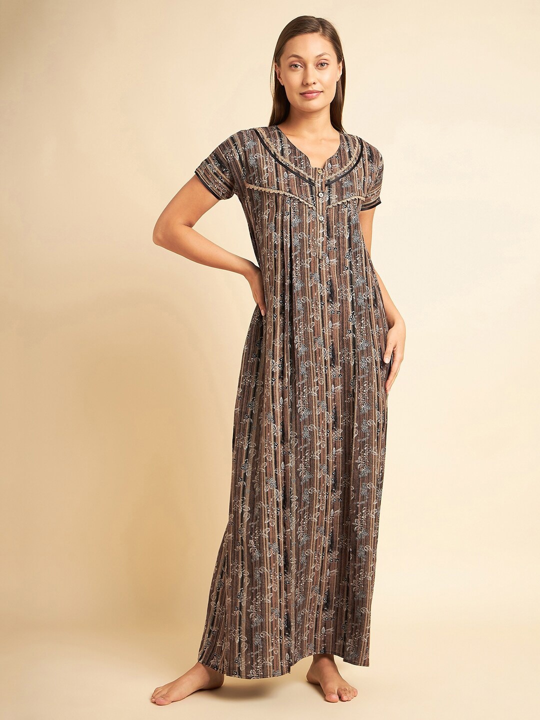 

Sweet Dreams Grey & Brown Printed Maxi Nightdress