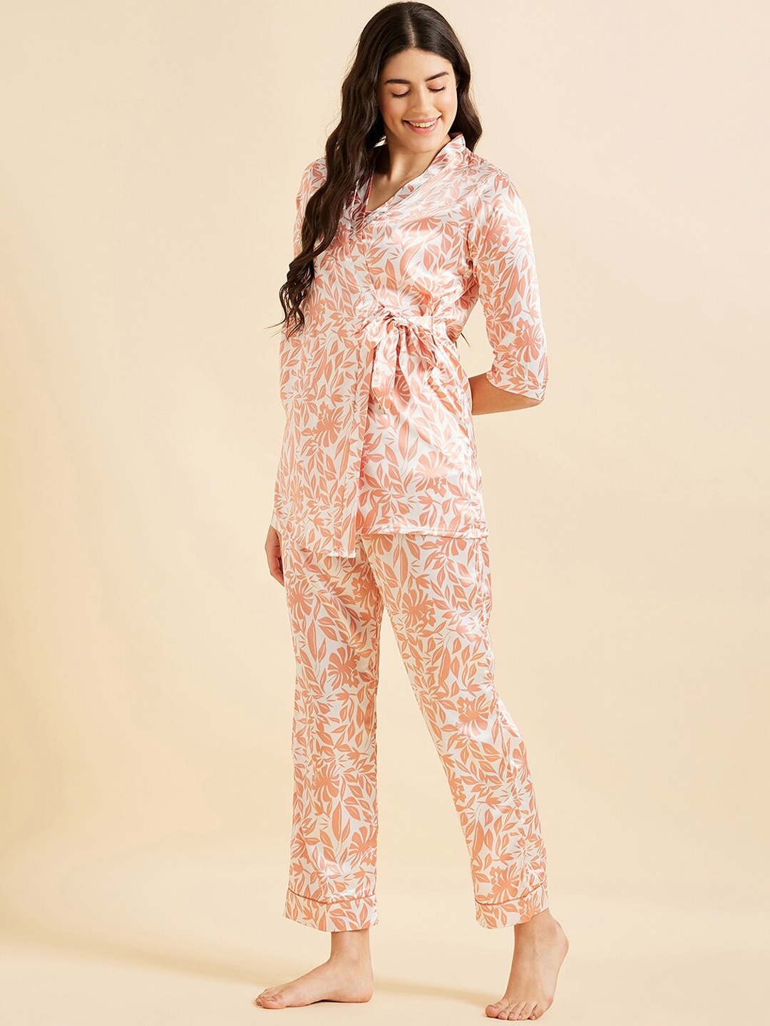 

Sweet Dreams 3 Piece Peach-Coloured & White Floral Printed Satin Night Suit With Robe