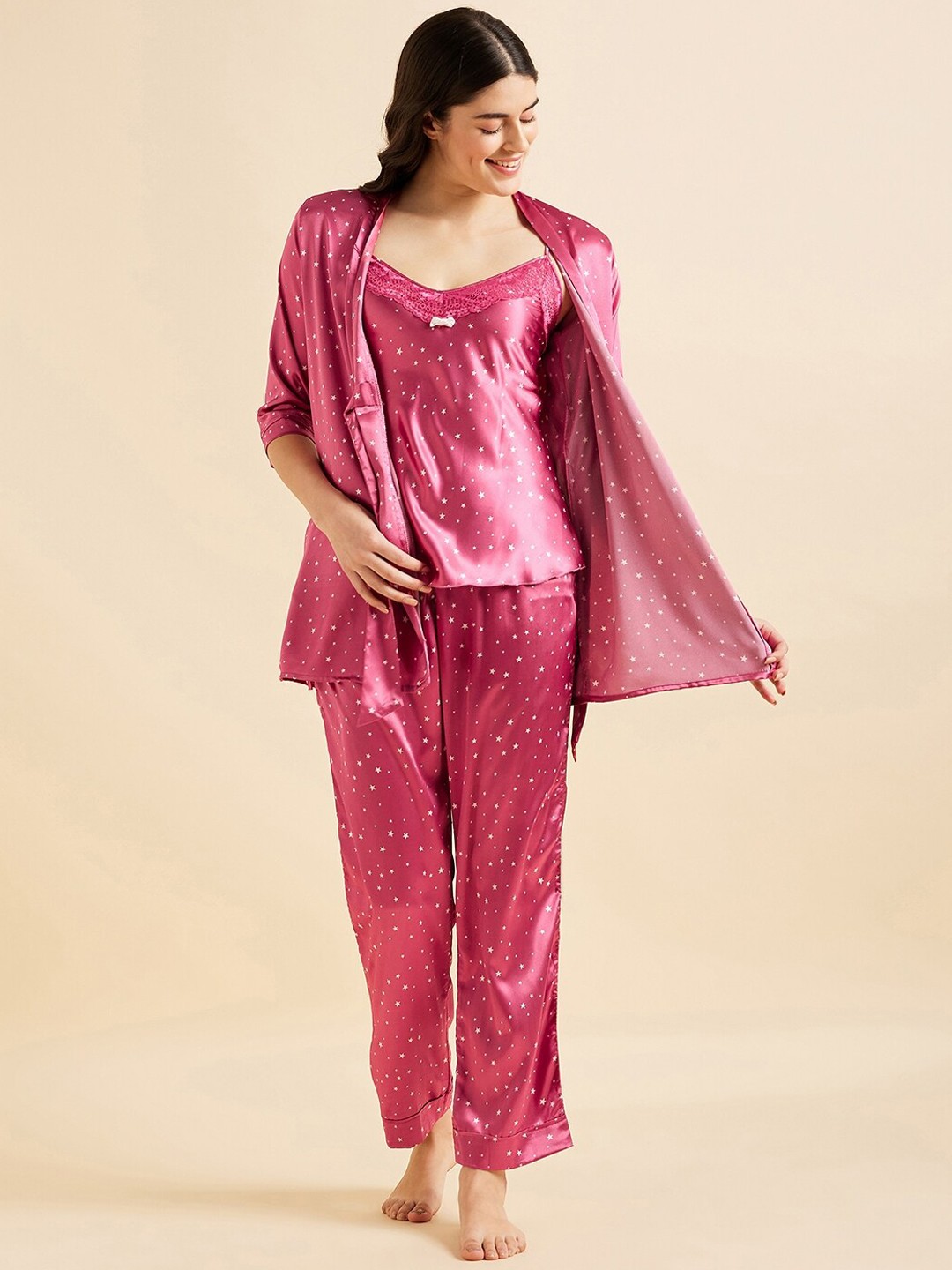 

Sweet Dreams Pink 3 Pieces Conversational Printed Satin Night Suit