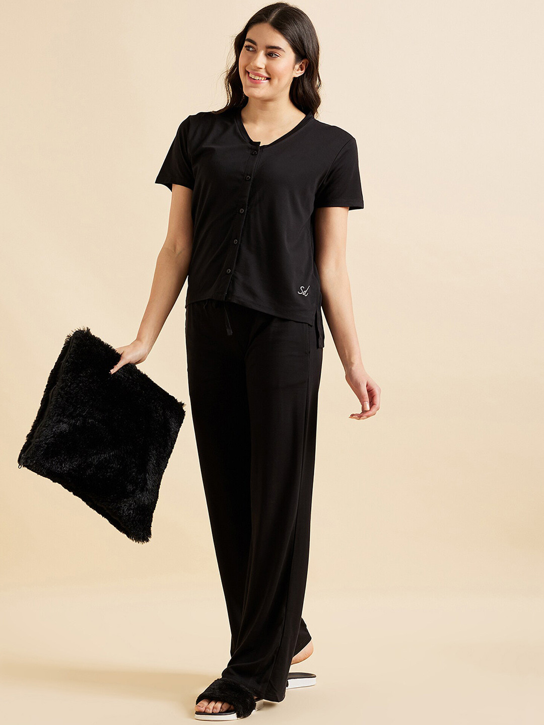 

Sweet Dreams Black V-Neck Night Suit