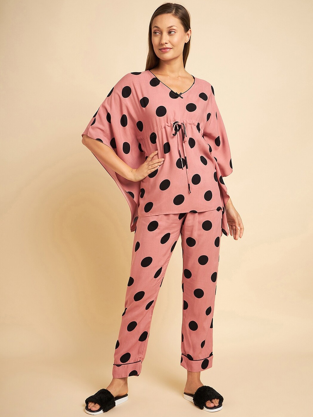 

Sweet Dreams Pink & Black Polka Dots Printed Night Suit