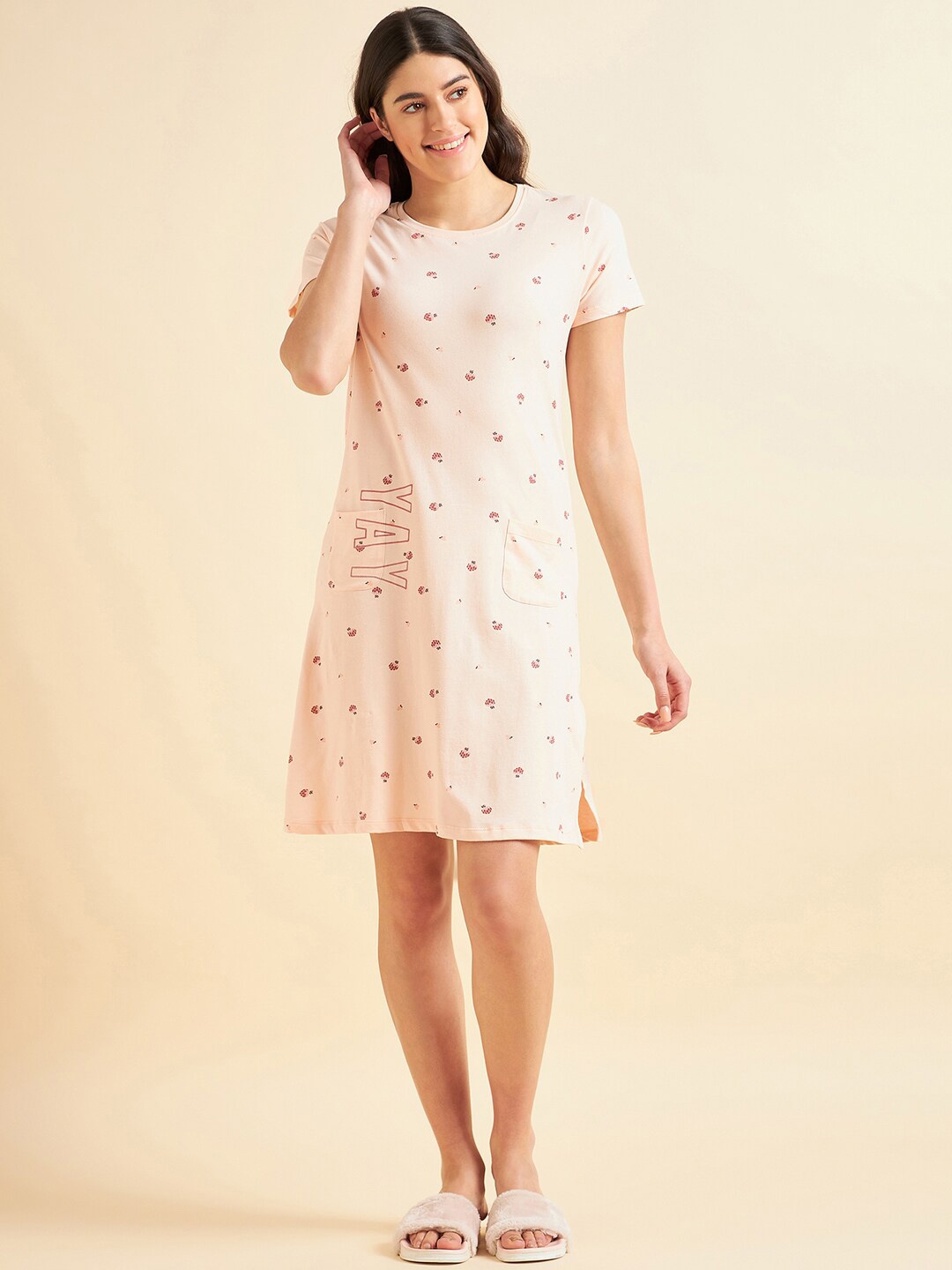 

Sweet Dreams Peach-Coloured Conversational Printed Nightdress