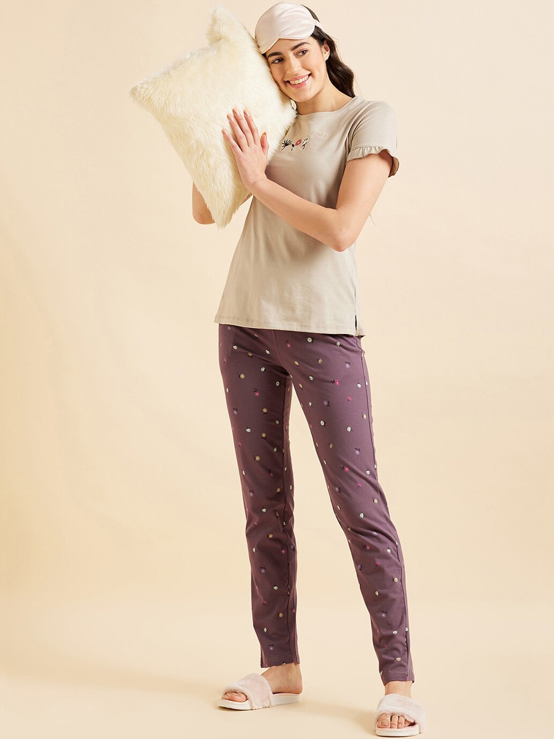

Sweet Dreams Beige & Purple Floral Printed Pure Cotton Night Suit