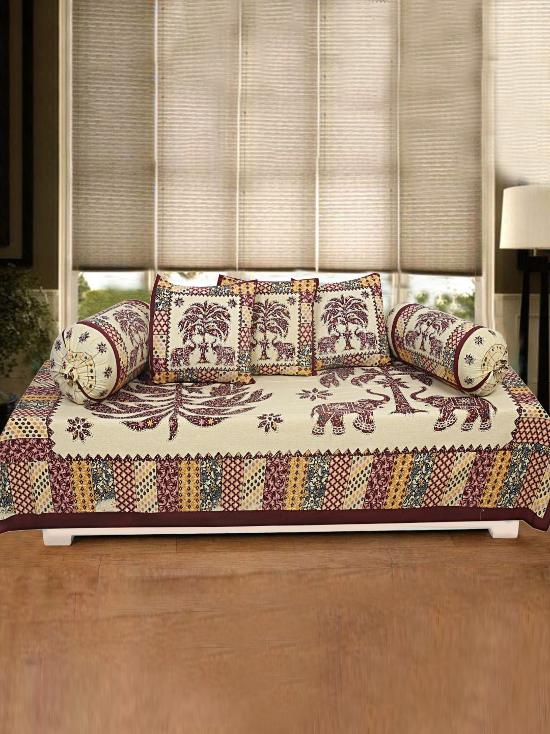 

INDHOME LIFE Maroon & White 6 Pieces Animal Printed 200 TC Pure Cotton Diwan Set