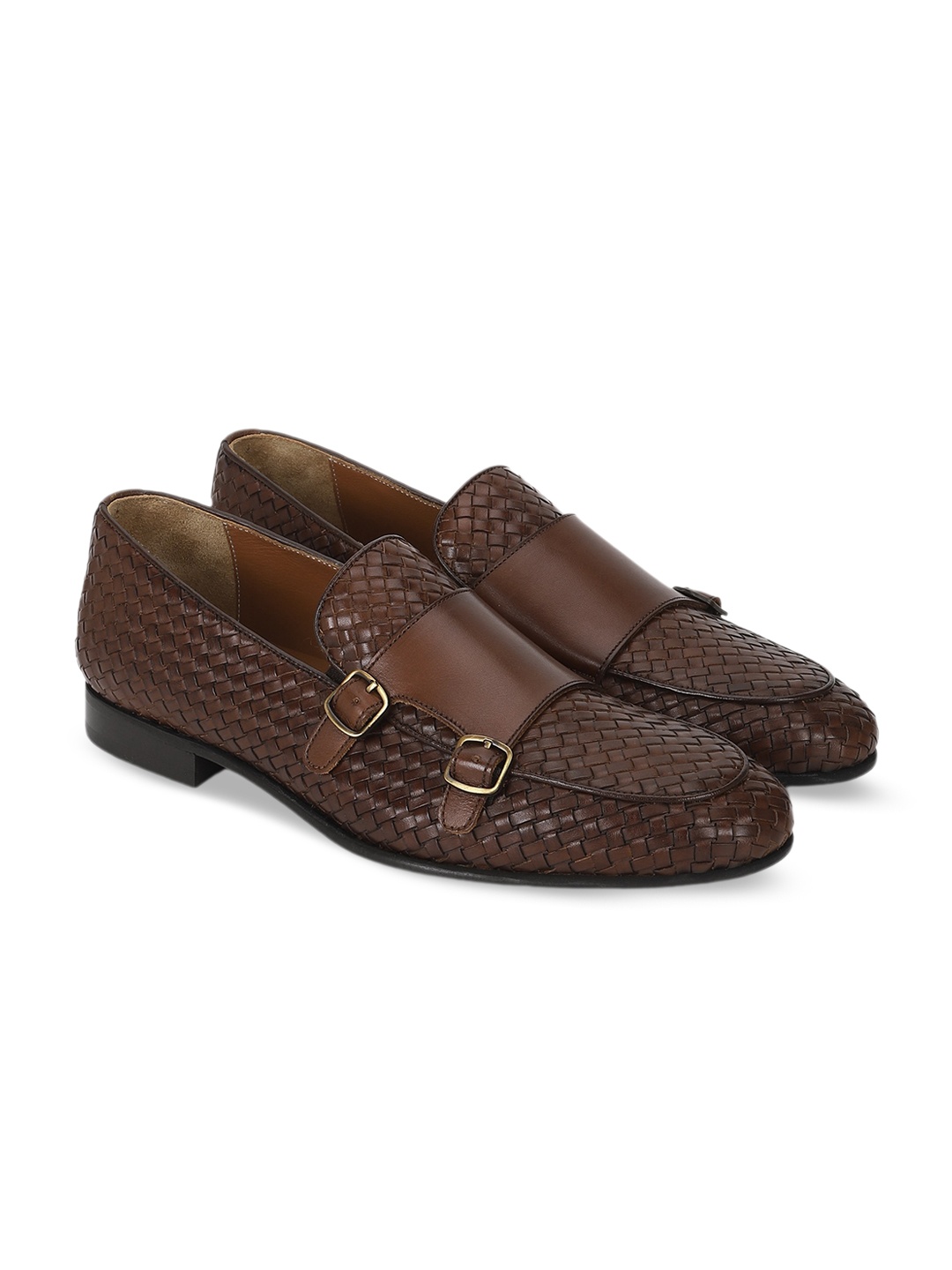 

MOLYER Men Textured Leather Monk Loafers With Buckle Detail, Brown