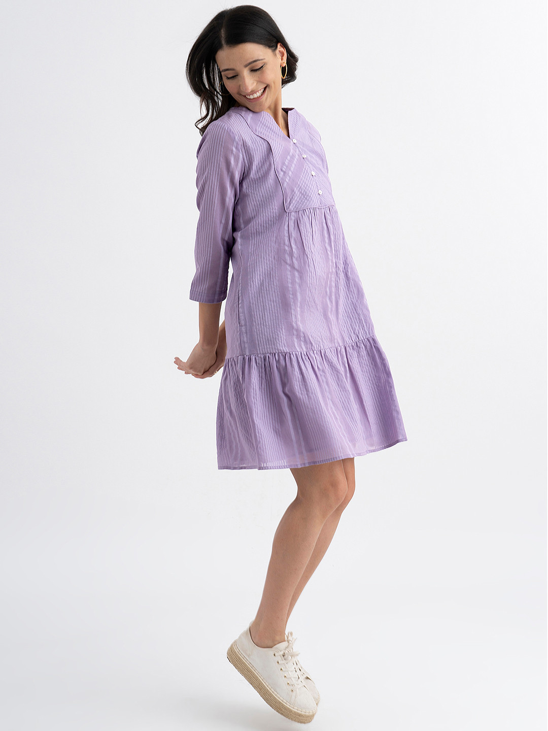 

Pink Fort Striped Cotton Jacquard Tiered A-Line Ethnic Dress, Lavender