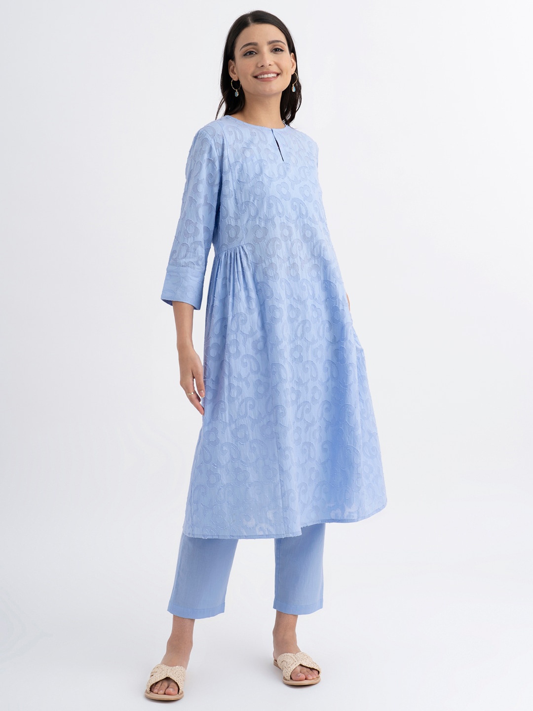 

Pink Fort Ethnic Motif Woven Design Keyhole Neck Jacquard Cotton Kurta, Blue