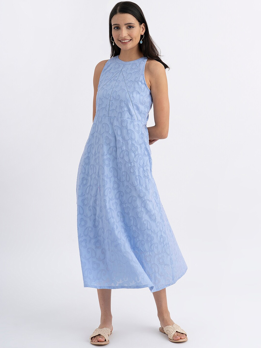 

Pink Fort Self Design Halter Neck A-Line Ethnic Dress, Blue