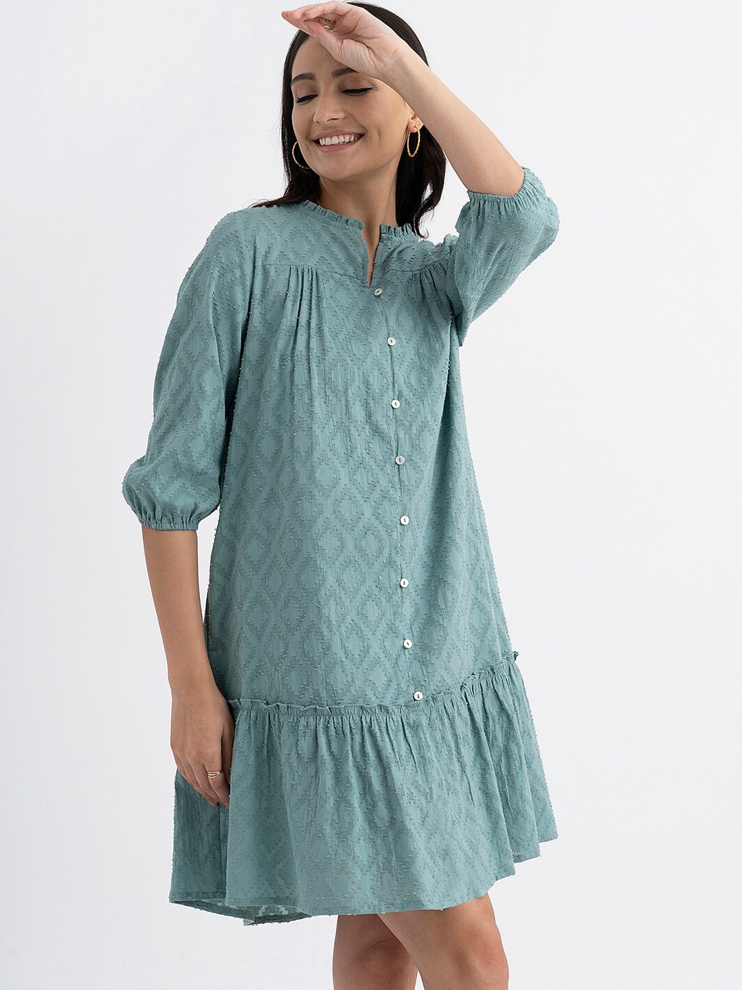 

Pink Fort Textured Puff Sleeves Jacquard Drop-Waist Dress, Green