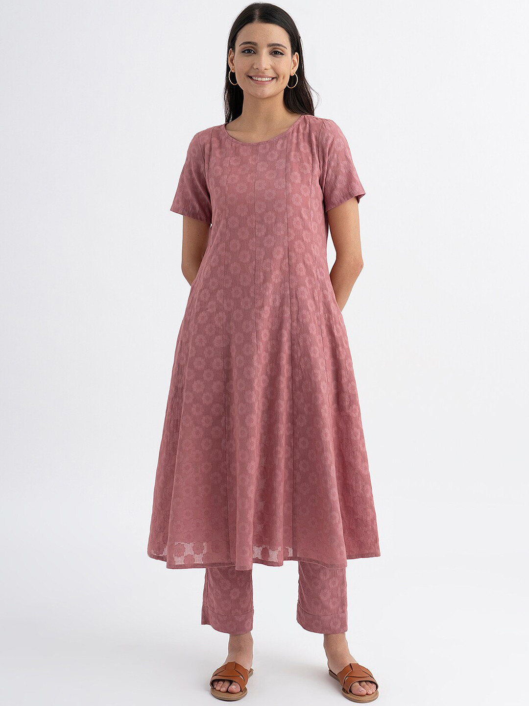 

Pink Fort Floral Woven Design Jacquard Anarkali Kurta