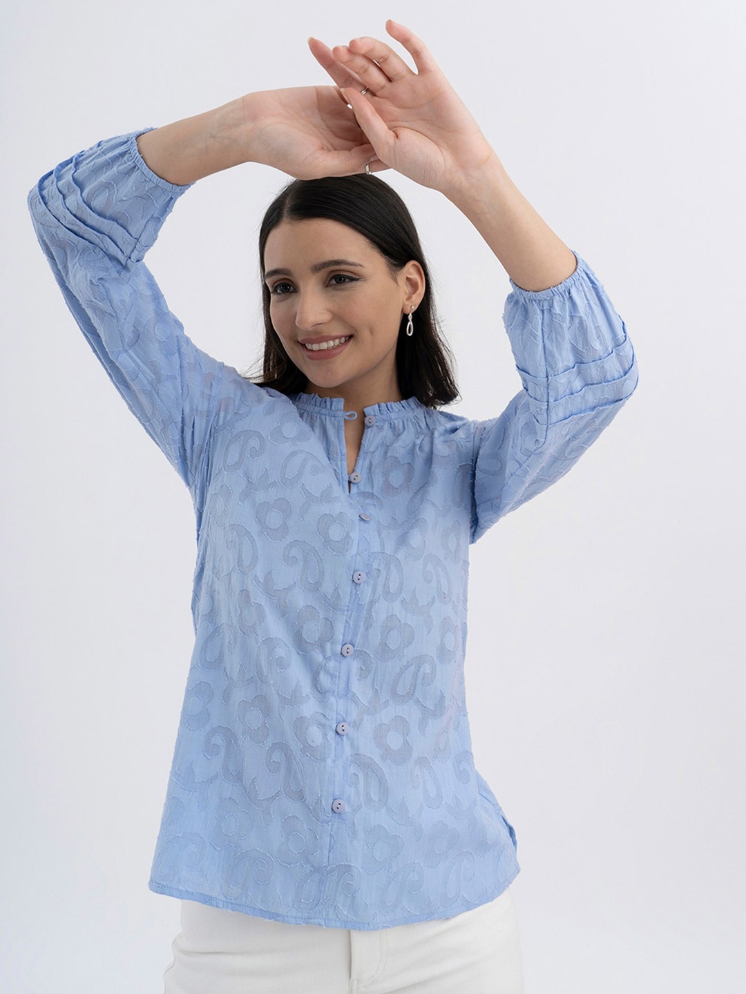 

Pink Fort Self Design Puff Sleeve Cotton Shirt Style Top, Blue