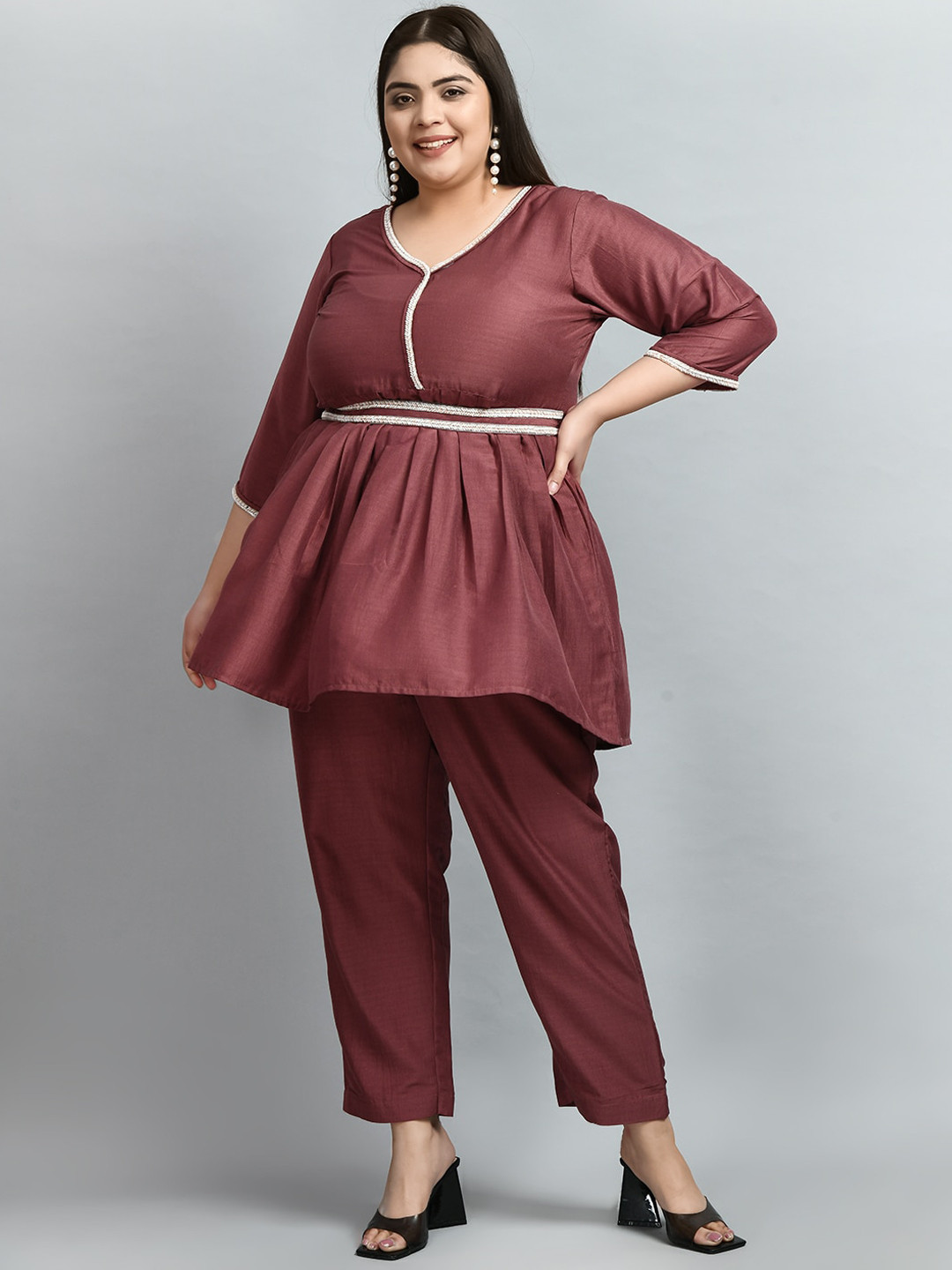 

PrettyPlus by Desinoor.com Plus Size Embellished Belted A-Line Tunic with Trousers, Brown