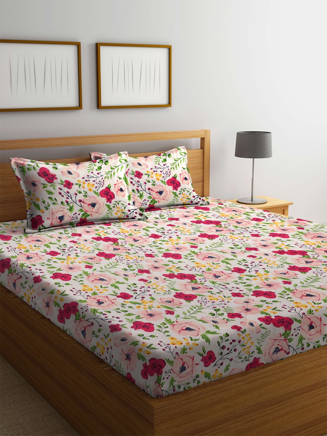 

Miaz Lifestyle Pink & Blue Floral Printed 210 TC Cotton Queen Bedsheet & 2 Pillow Covers