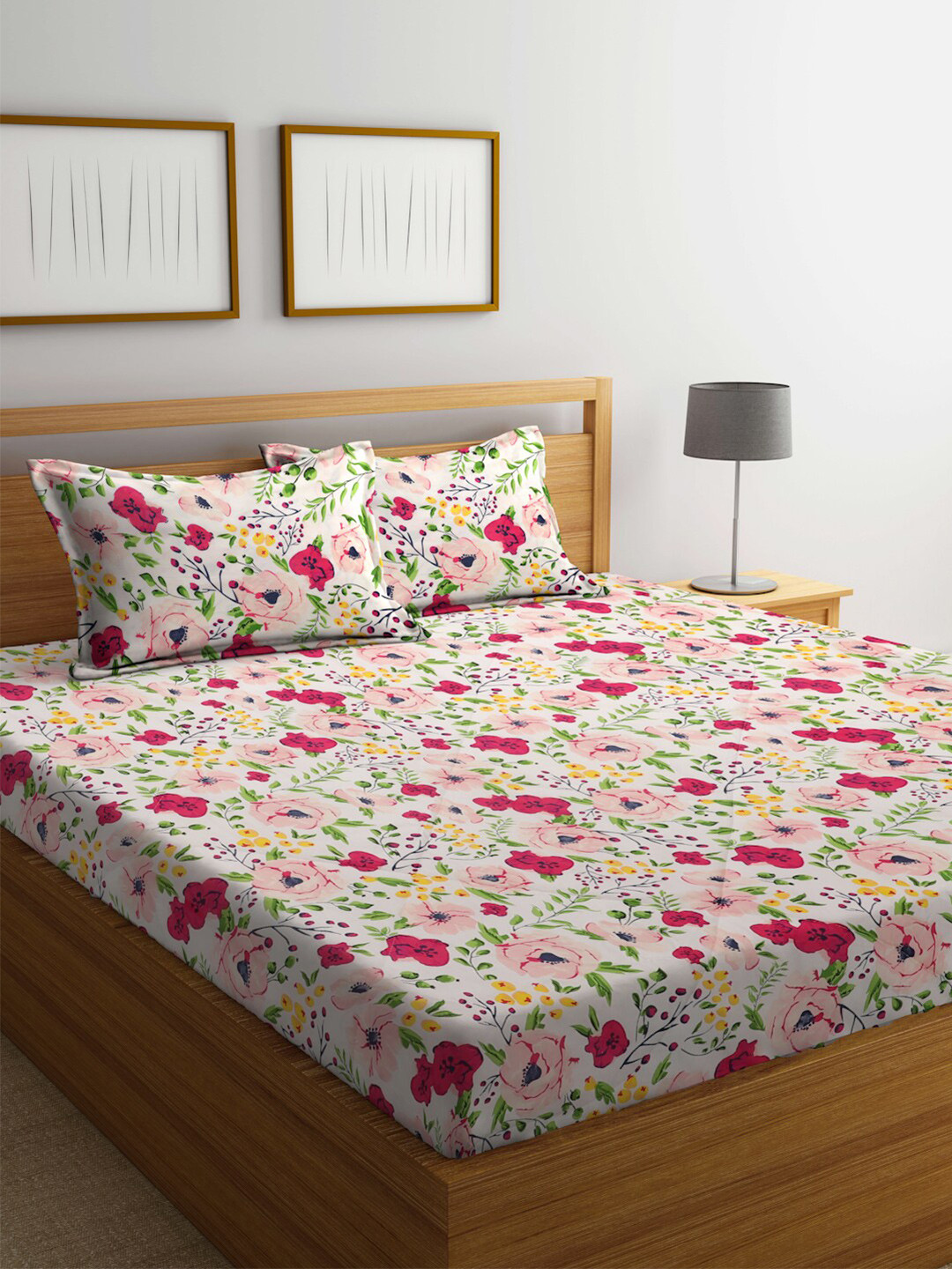 

Miaz Lifestyle White & Pink Floral Printed 210 TC Cotton Queen Bedsheet & 2 Pillow Covers