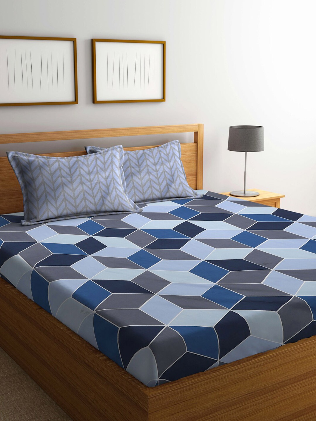 

Miaz Lifestyle Blue & Grey Printed 210 TC Cotton Queen Bedsheet & 2 Pillow Covers