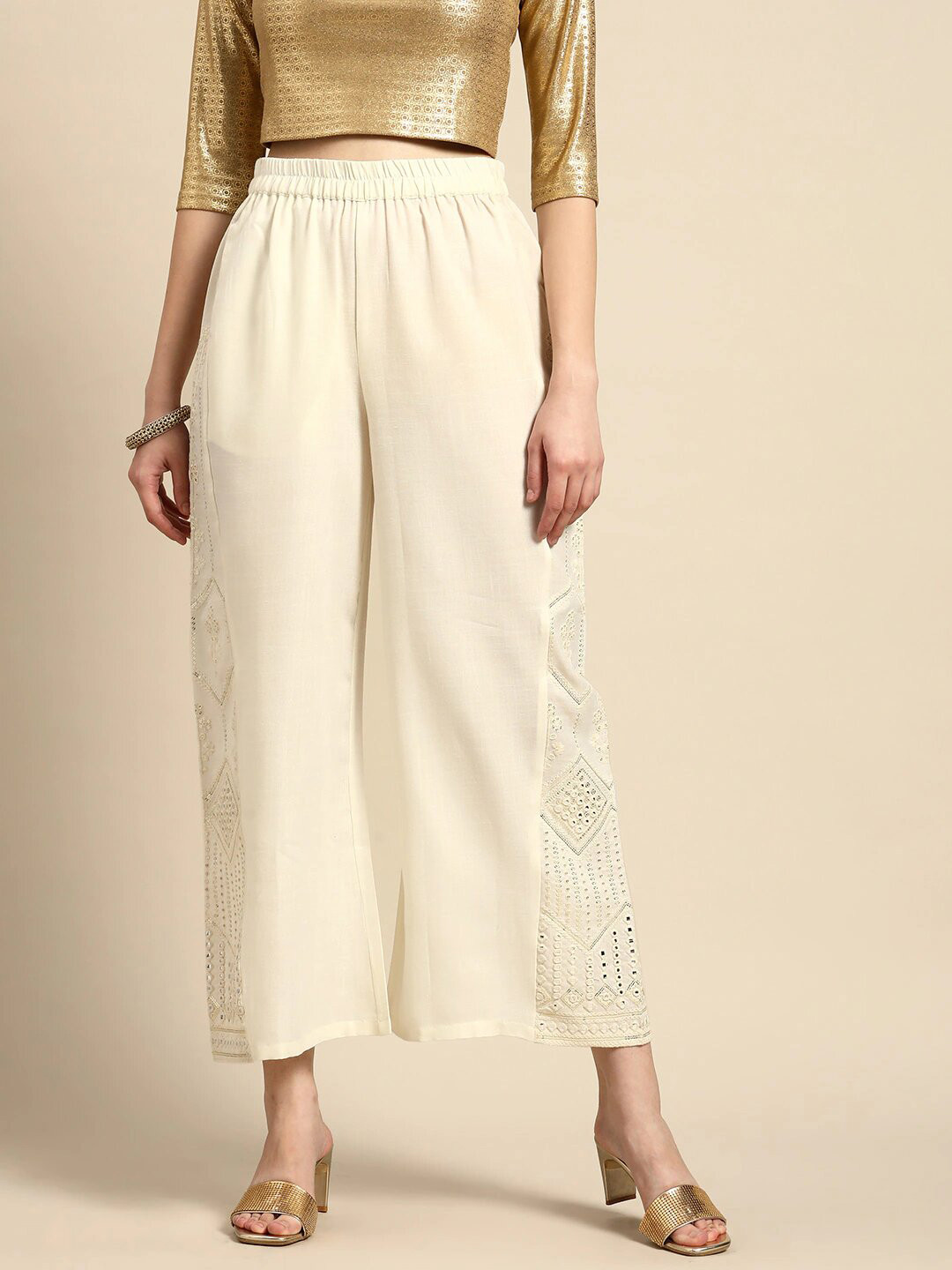 

Sangria Ethnic Motifs Embroidered Kali Palazzo, Off white