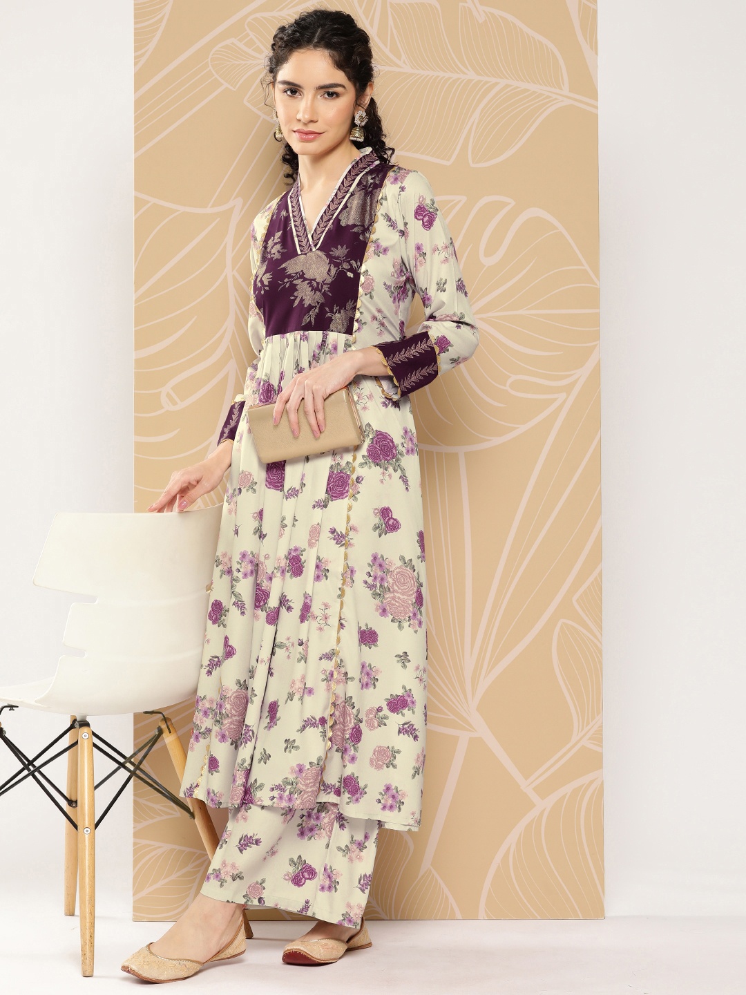 

Ahalyaa Women Floral Printed Pleated Gotta Patti Kurta with Palazzos, Beige