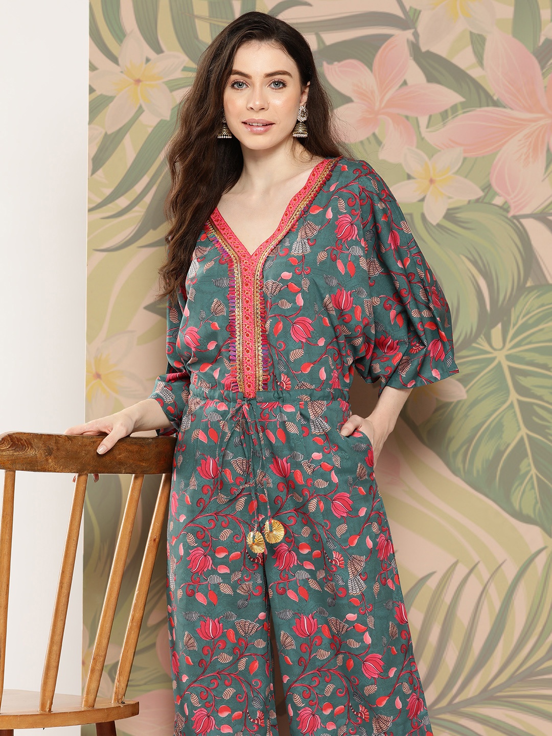 

Ahalyaa Printed Basic Jumpsuit with Lace Inserts, Green