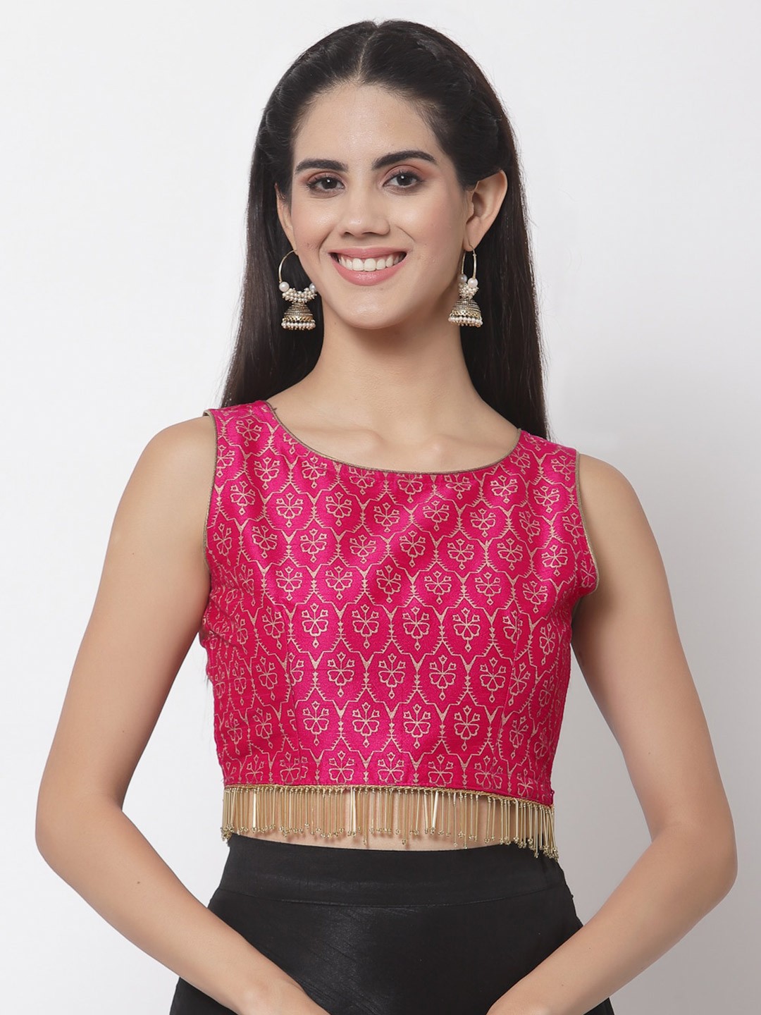 

studio rasa Ethnic Motifs Printed Fringed Crop Top, Pink