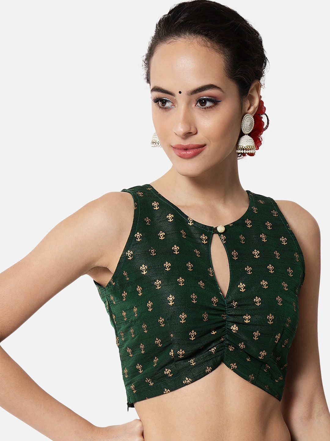 

studio rasa Floral Printed Keyhole Neck Crop Top, Green