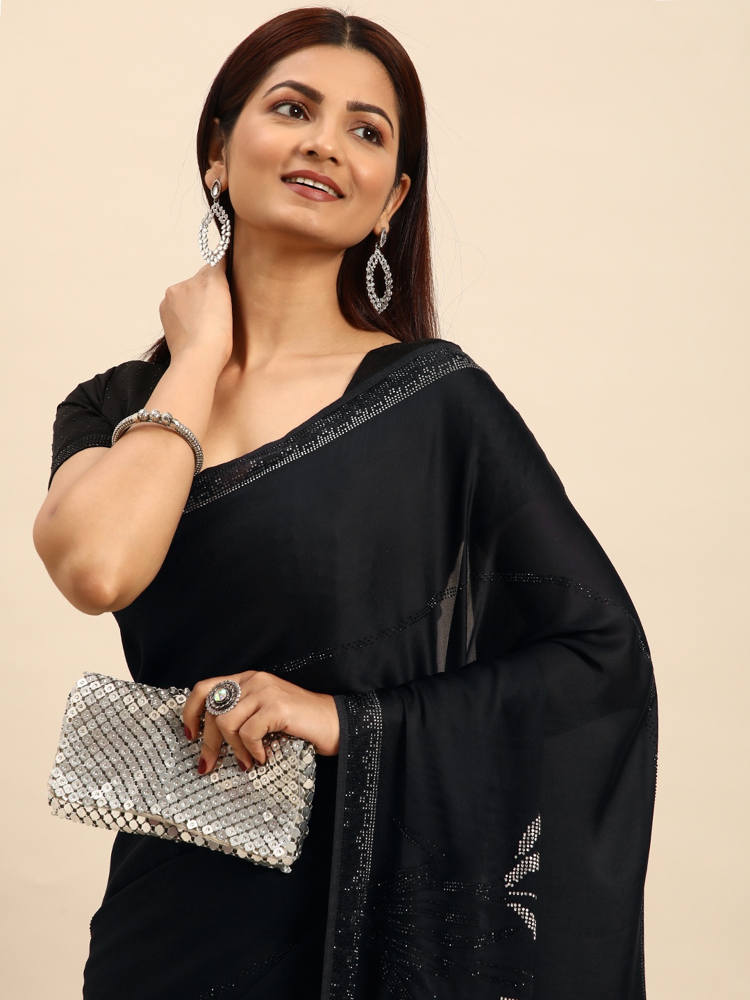 

Mitera Floral Stones-Studded Satin Saree, Black