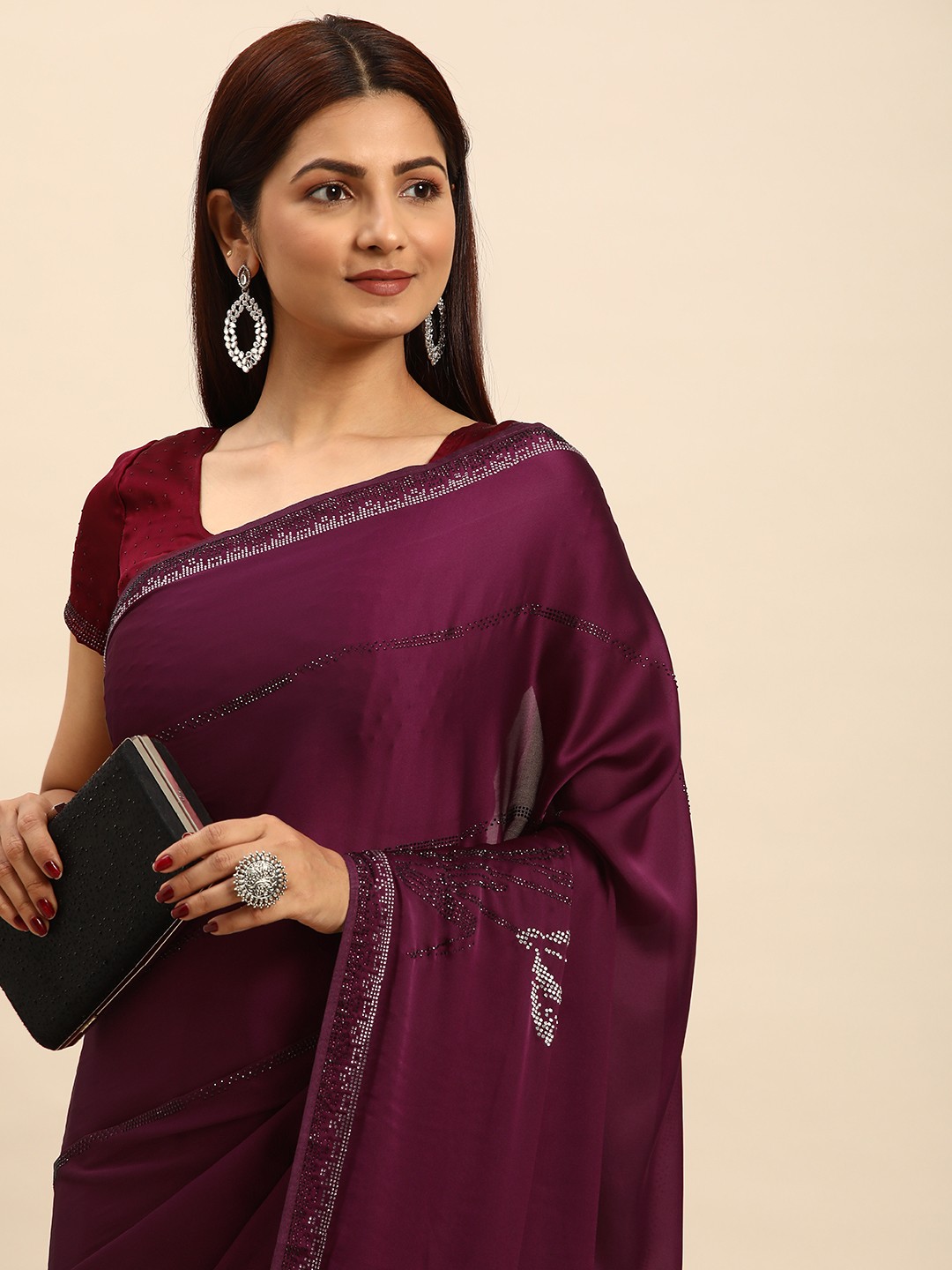 

Mitera Floral Stones-Studded Satin Saree, Magenta