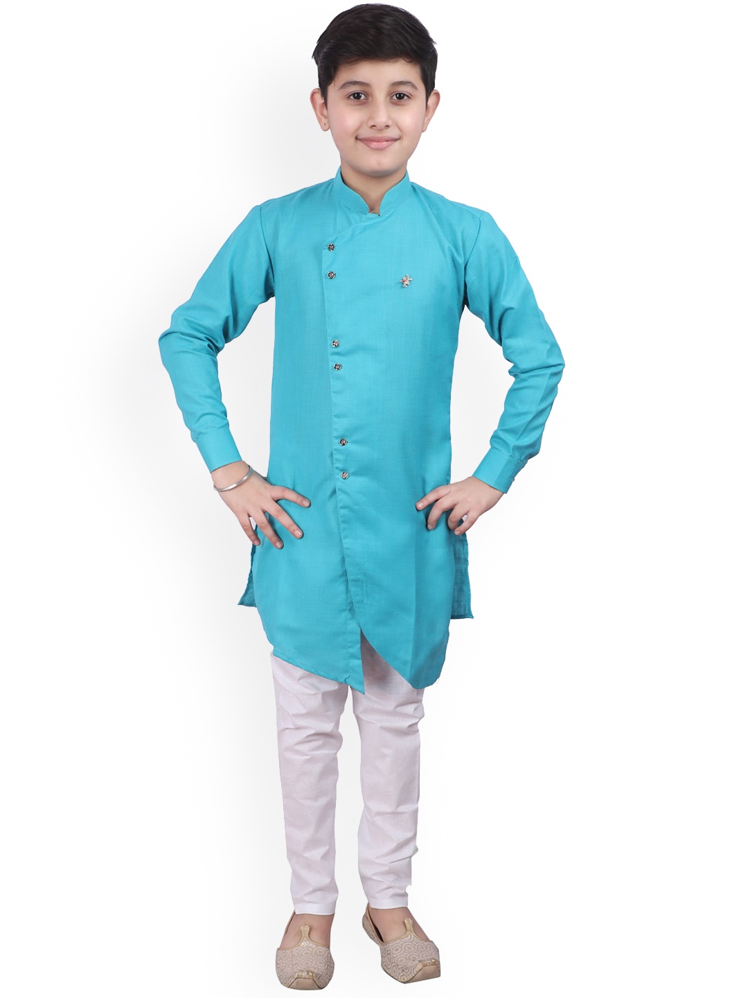 

Pro-Ethic STYLE DEVELOPER Boys Mandarin Collar Asymmetric Kurta with Pyjamas, Turquoise blue