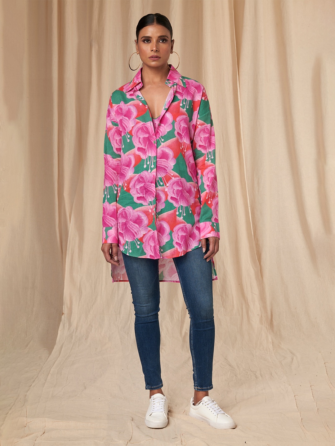 

Masaba Comfort Floral Printed Longline Cotton Casual Shirt, Green