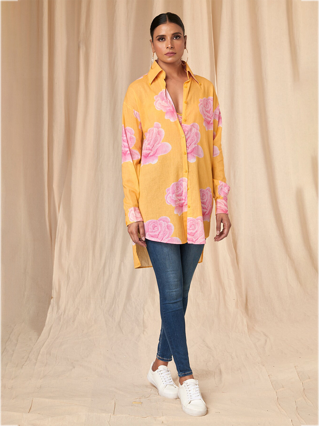 

Masaba Emily Comfort Floral Printed Longline Cotton Casual Shirt with Bralette, Yellow