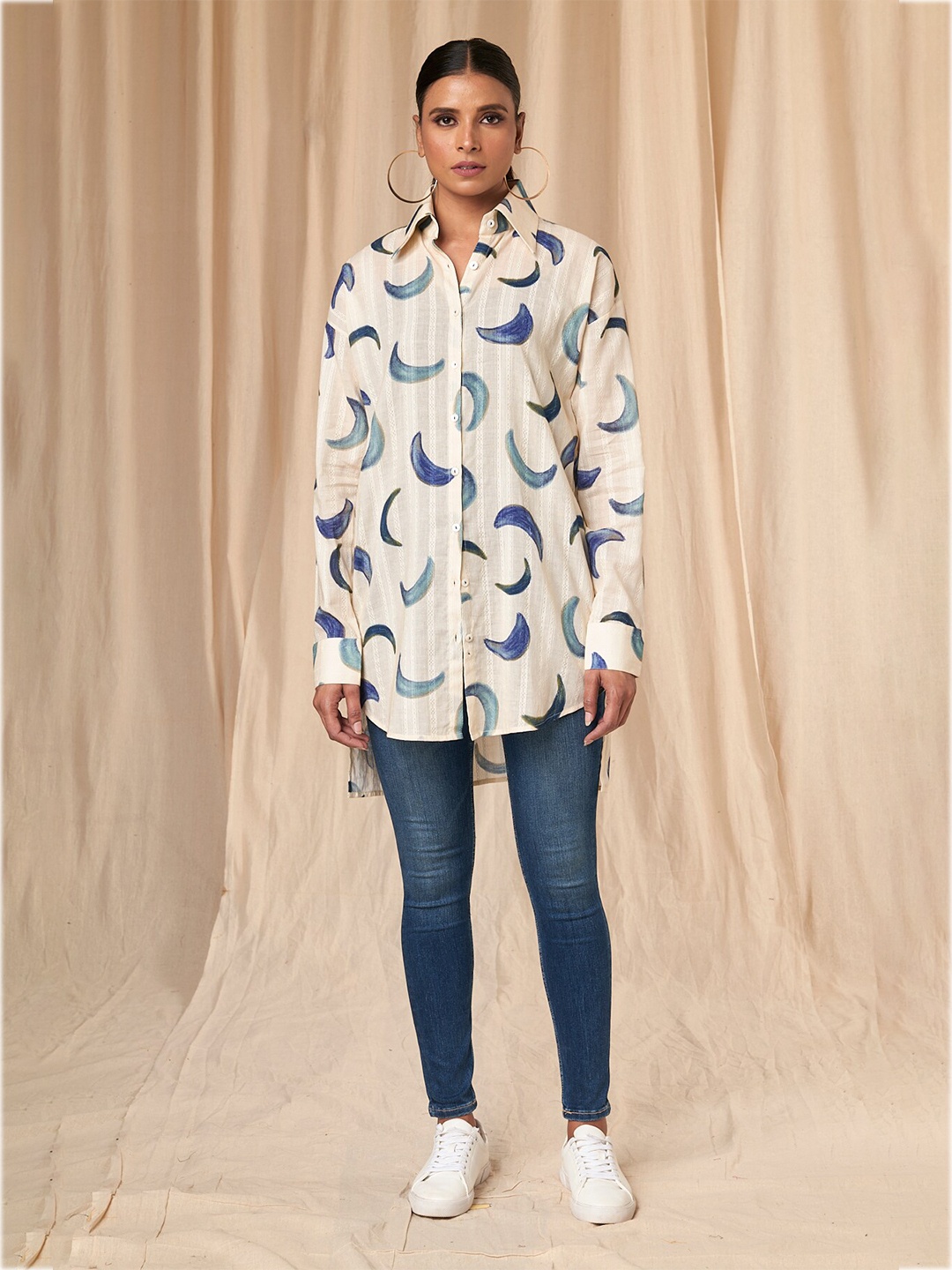 

Masaba Women Comfort Conversational Printed Longline Cotton Casual Shirt, Cream