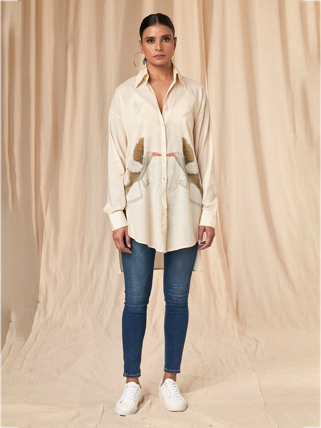 

Masaba Emily Comfort Graphic Printed Longline Cotton Casual Shirt with Bralette, Cream