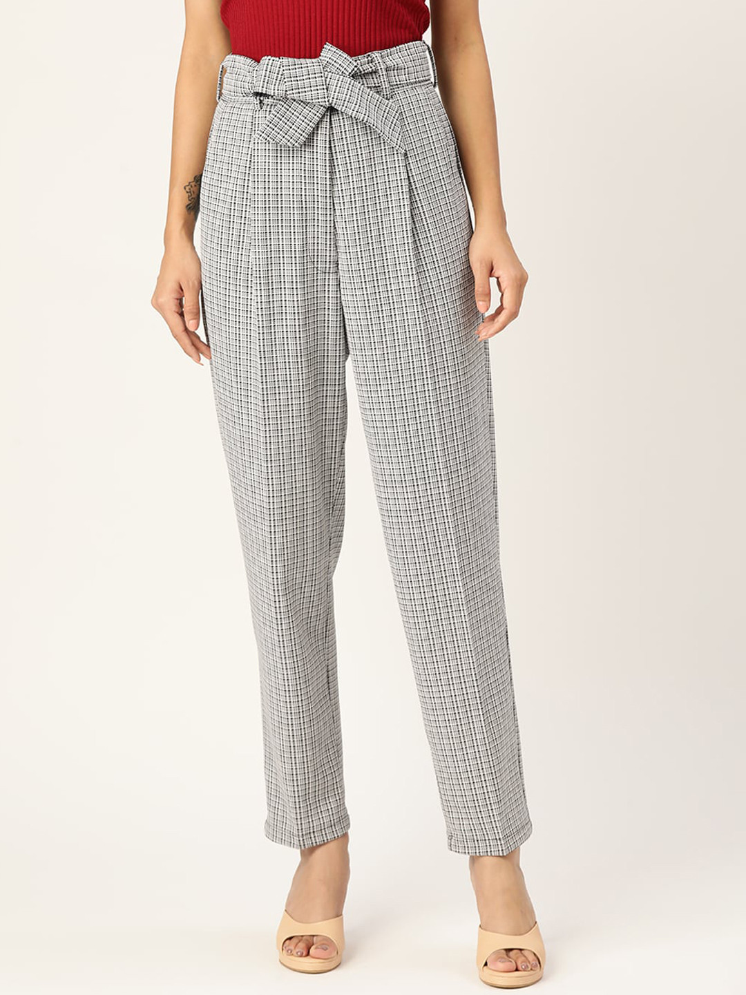 

Zastraa Women Grey Striped Smart Tapered Fit High-Rise Pleated Trousers